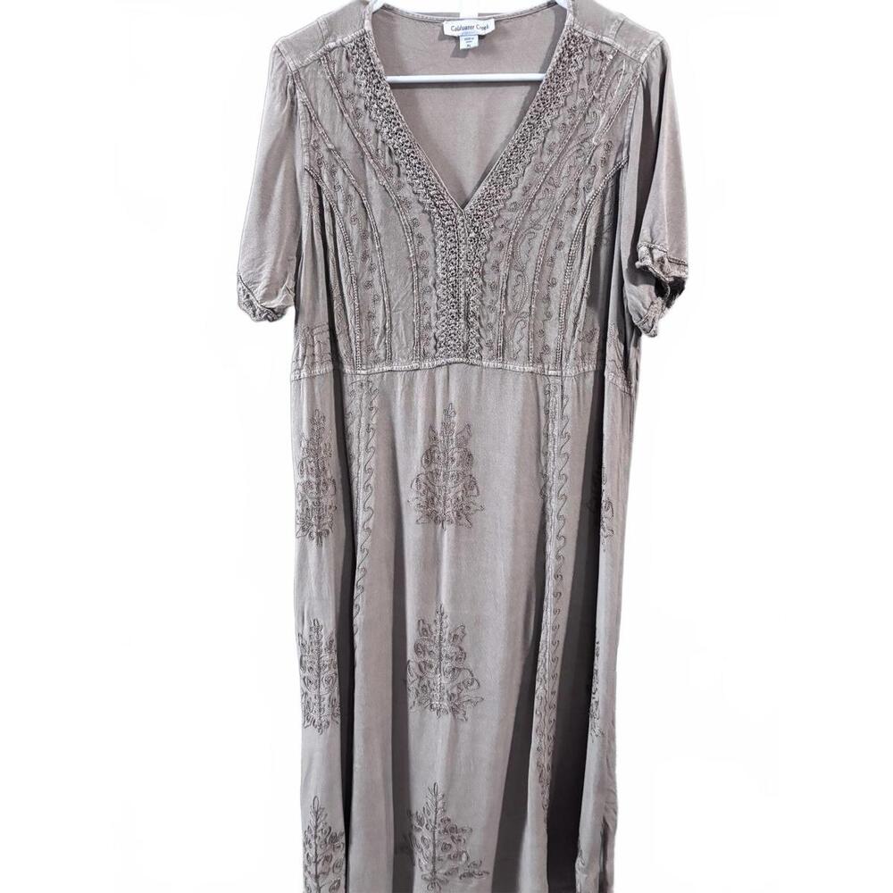 Coldwater Creek Embroidered Boho Midi Dress Taupe XL